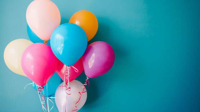 Bunch of bright balloons on bright background, free copy space