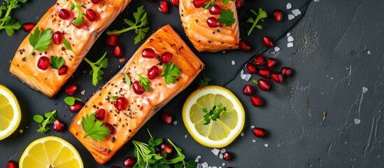 Top view of a plate with salmon-topped crackers, copy space available. - obrazy, fototapety, plakaty
