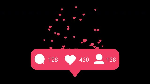 An animated counter for instagram, social media with comments, likes, follower, subscribers. Floating hearts effect. Alpha channel