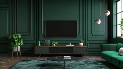 Living room with cabinet for tv on dark green color wall background.