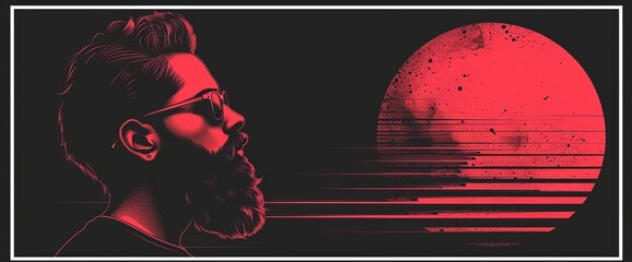 Man With Beard and Glasses Looking at Red Moon - obrazy, fototapety, plakaty