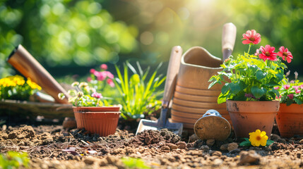 Concept of gardening - Set of tools for gardener and flow