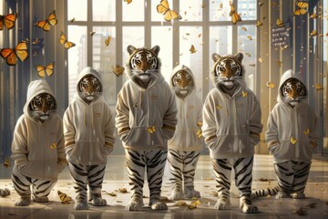 A group of tigers in hoodies standing in a room filled with butterflies, expressing a surreal, family bond.