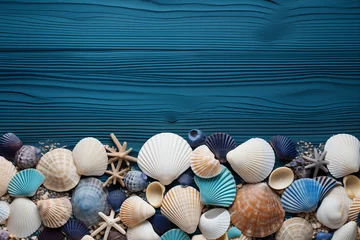 Fototapeten Strand Hintergrund auf blauem Holz mit Muscheln, Sand und Seesternen, Textfreiraum © GreenOptix
