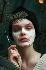 a girl in a hat with a face mask on a dark background with a branch of pine needles