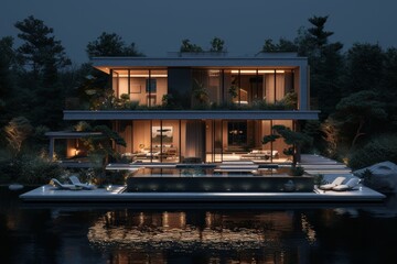 Obraz premium A modern house and its amenities against a serene soft black background