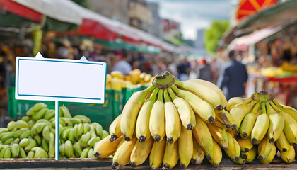 Banana in bazaar with empty price signboard to text, selective focus
