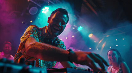 Portrait of a stylish DJ on a fiesta background. Neon disco lights. Party nightclub concept....