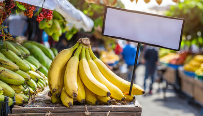 Banana in bazaar with empty price signboard to text, selective focus