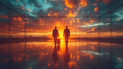 businessmen in the airport at sunset go to board the plane - obrazy, fototapety, plakaty