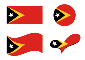 East Timor flag. Flag of East Timor in heart shape. East Timor flag in circle shape. Country flag variations.