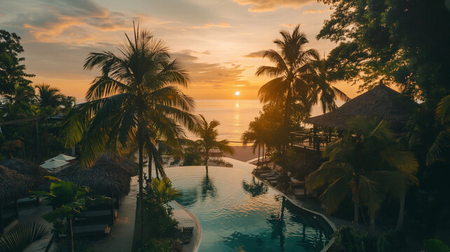 Tropical island with bungalows and palm trees at sunset