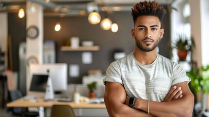 Confident casual businessman standing with arms crossed in white office interior with copy space