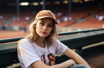 Photo of baseball girl, course background. Generative AI.