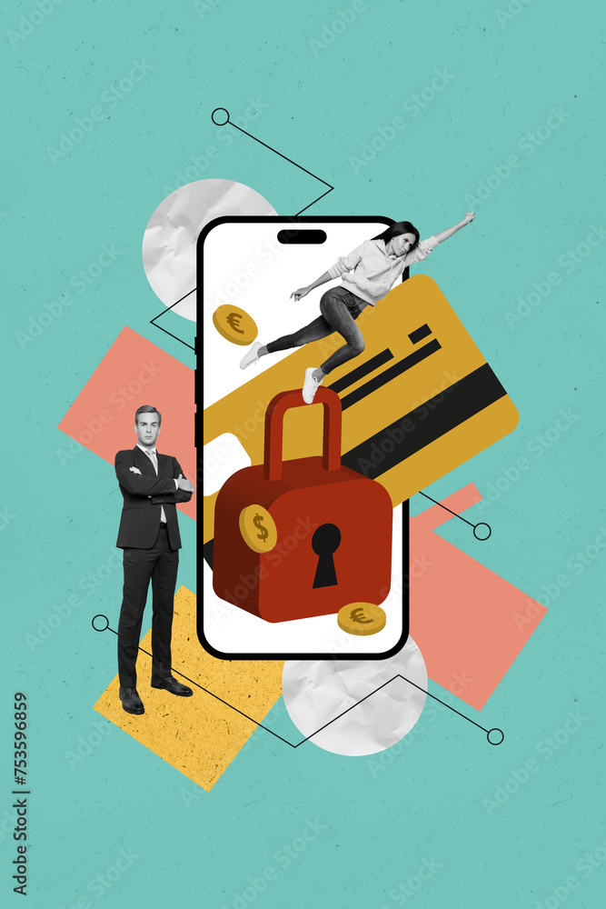 Poster 3d abstract creative artwork template collage of confident worker guarantee personal information sec