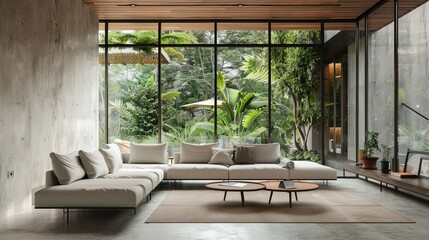 Modern contemporary loft style living room with tropical style garden view,The room has concrete tiled floors and walls for copy space and wooden ceilings