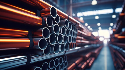 A pile of stainless steel, galvanized, chrome pipes stacked in a warehouse