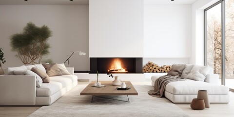 Modern home with white walls, featuring a spacious living room adorned with cozy couches and a fireplace.