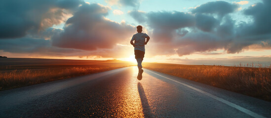 Runner athlete running morning on the road at sunrise. men's fitness concept