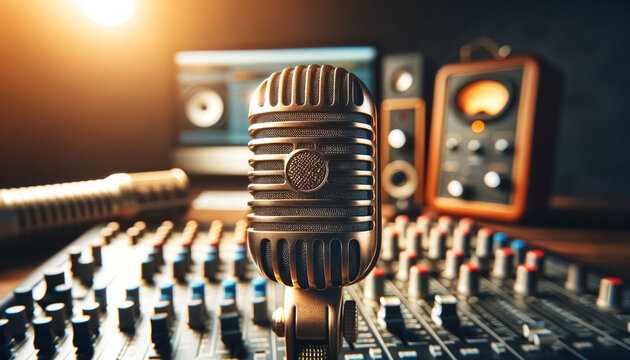 Retro Microphone on Sound Mixer in Podcast Studio