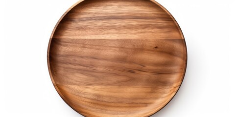 Wooden plate without contents, isolated on white background, has ample space for copy and branding. Suitable for product display montage. Vintage-style concept. Clipping path included.