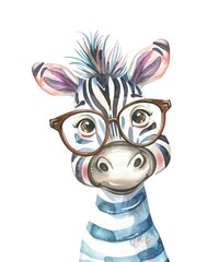 Cute zebra with glasses on white background, watercolor cartoon illustration.