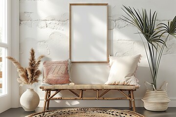 Elegant Boho Style Interior with Mockup Poster, Dried Floral Arrangement, and Modern Furniture Bathed in Natural Light