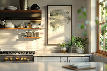 Modern Elegance A Sunlit American Style Kitchen Featuring a Close-Up of a Stylish Mock-Up Poster Frame Amidst Lush Greenery and Sleek Designs