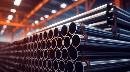 A pile of stainless steel, galvanized, chrome pipes stacked in a warehouse