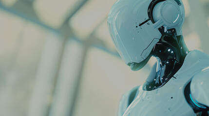 Futuristic close up white robot isolated on white background.