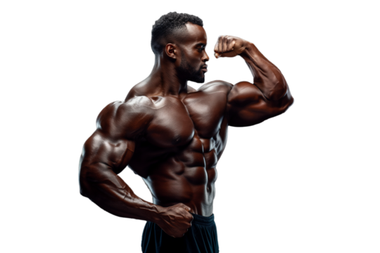 Muscular man posing showing off muscles on transparent background