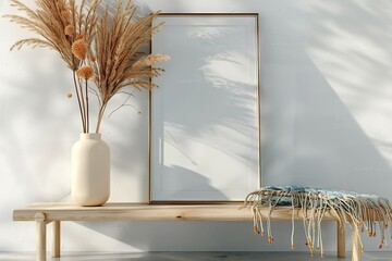 Elegant Boho Style Interior with a Mockup Poster Frame, Comfortable Bench Seating, Decorative Pillows, and a Vase with Dried Grasses Illuminated by Natural Light