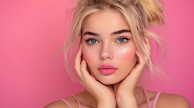 Flawless blonde woman with natural makeup touching face on pastel background, copy space.