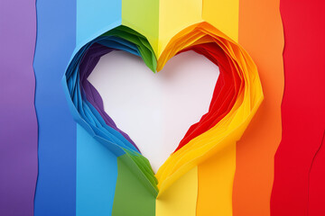 Heart created from layers of paper in the colors of the rainbow, symbolizing love and pride.
