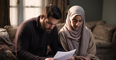 Muslim Couple Man and Woman Worried Reading Letter