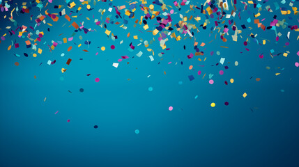 Holiday mockup, colorful confetti on a blue background copy space