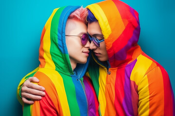 A tender moment between a gay couple in rainbow hoodies, symbolizing LGBTQ+ pride and love.
 - obrazy, fototapety, plakaty