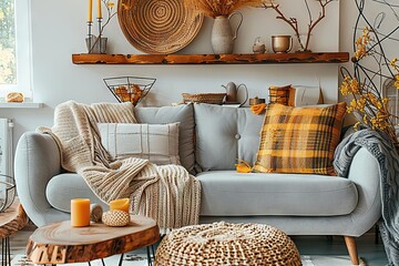 Elegant Boho Chic Living Room Interior with Gray Sofa, Wooden Coffee Table, and Honey Yellow Accents