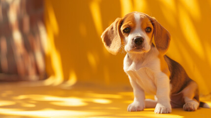 An adorable beagle puppy with floppy ears, playfully sitting on a sunshine yellow surface.