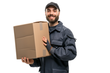 A happy courier in uniform carries a parcel box on a transparent background