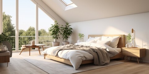 Cozy Scandinavian bedroom with modern design, natural light, and comfortable furniture near window for apartment decor.