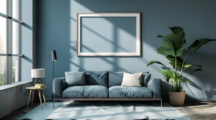 Horizontal picture frame mock up in modern living room. generative ai