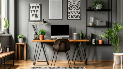 Patterned posters above desk with computer monitor in grey home office interior with plants