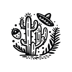 Black and White Cactus Sketch - Artistic Desert Plant Illustration