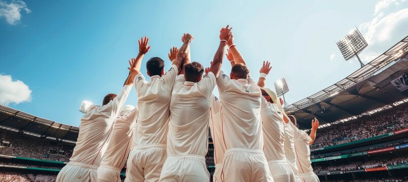 Cricket team celebrating victory and bonding in a huddle, showcasing synergy with copy space.