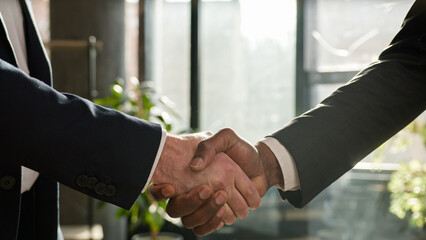Close up two diverse men shake hands multiracial businessmen conclude successful contract agreement...