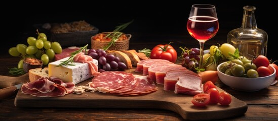 Rustic Wooden Cutting Board with Fresh Ingredients on Kitchen Counter