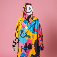 A model in a playful raincoat adorned with abstract art and a smiling face exuding joy and creativity.