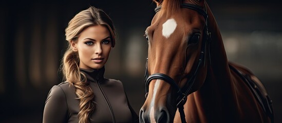 Fototapeta na wymiar Elegant Woman in Black Dress Posing Gracefully Next to Majestic Brown Horse