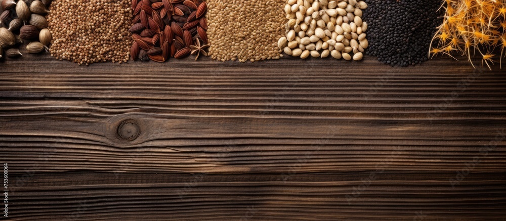 Aufkleber nutritious mix of various nuts and seeds arranged on a rustic wooden background